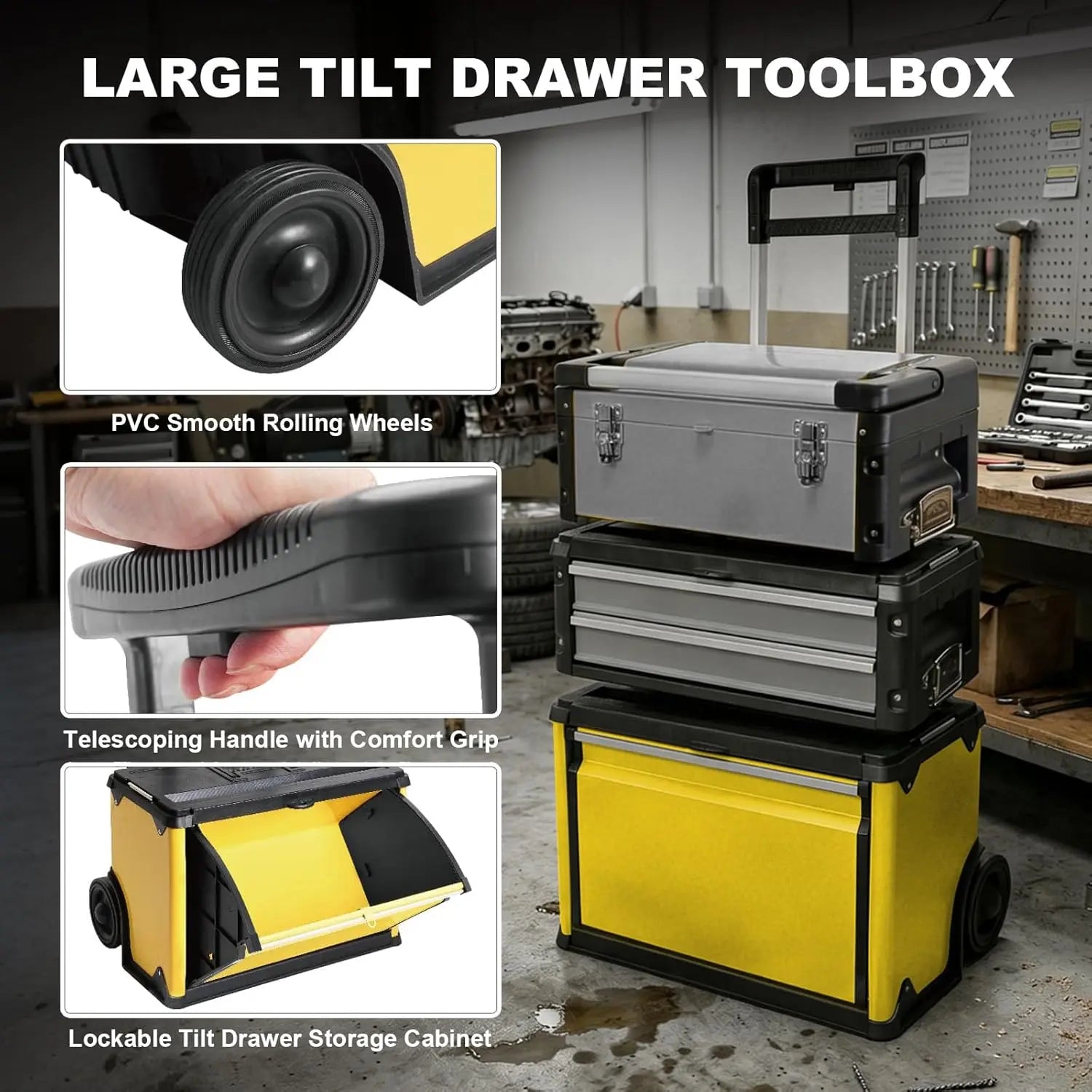 TCE Stackable Rolling Tool Box Portable Metal Toolbox Organizer with
