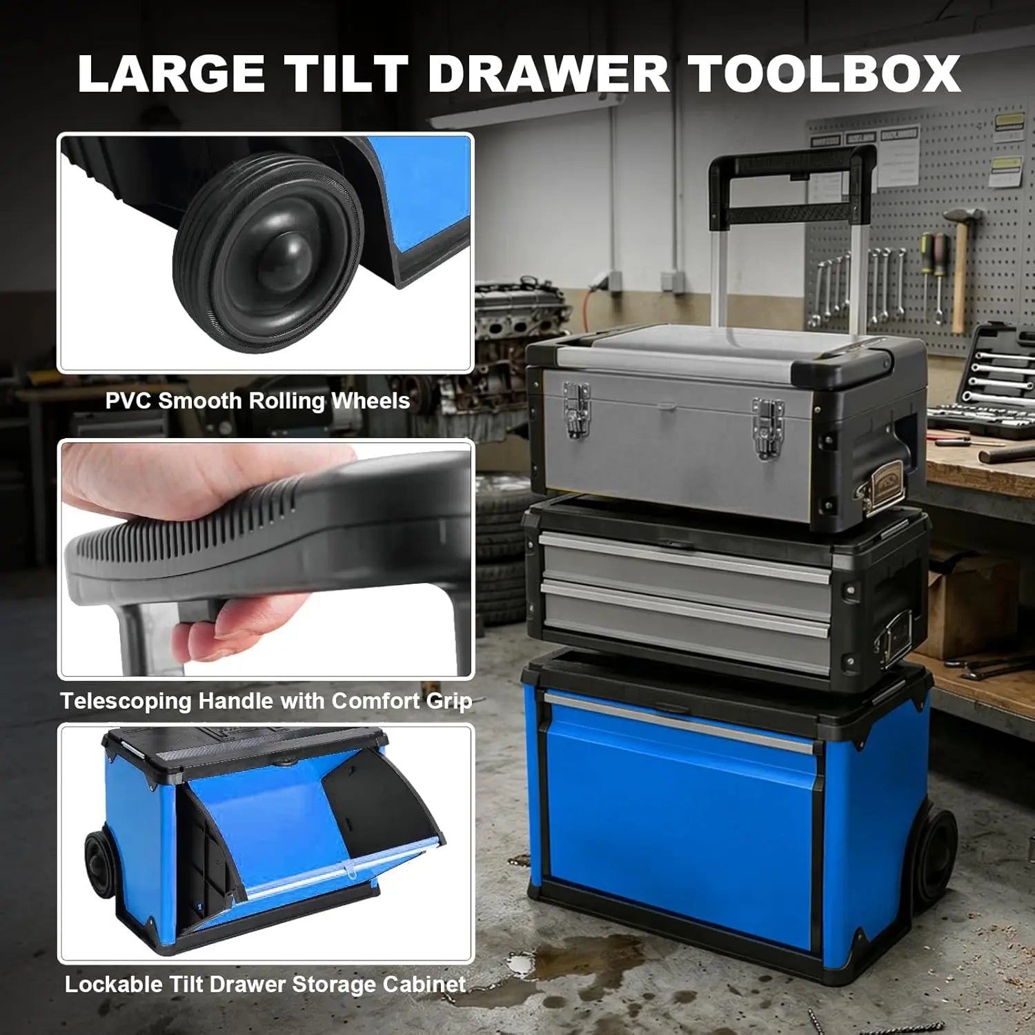 TCE Stackable Rolling Tool Box Portable Metal Toolbox Organizer with