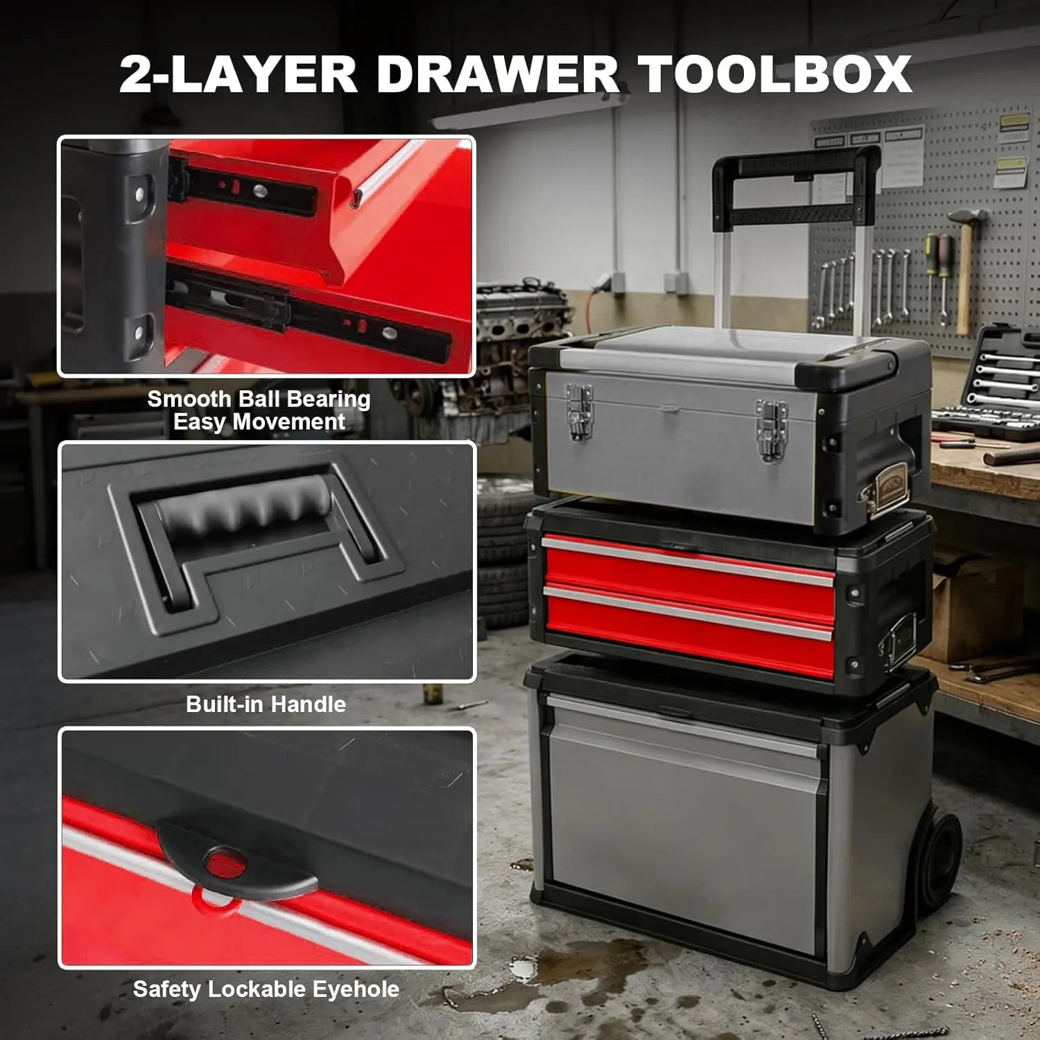 TCE Stackable Rolling Tool Box Portable Metal Toolbox Organizer with